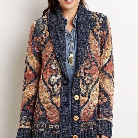 J. Jill Sweaters - J. Jill Bloomsbury Navy Aztec Scroll Print Wool Blend Shawl Collar Cardigan MP